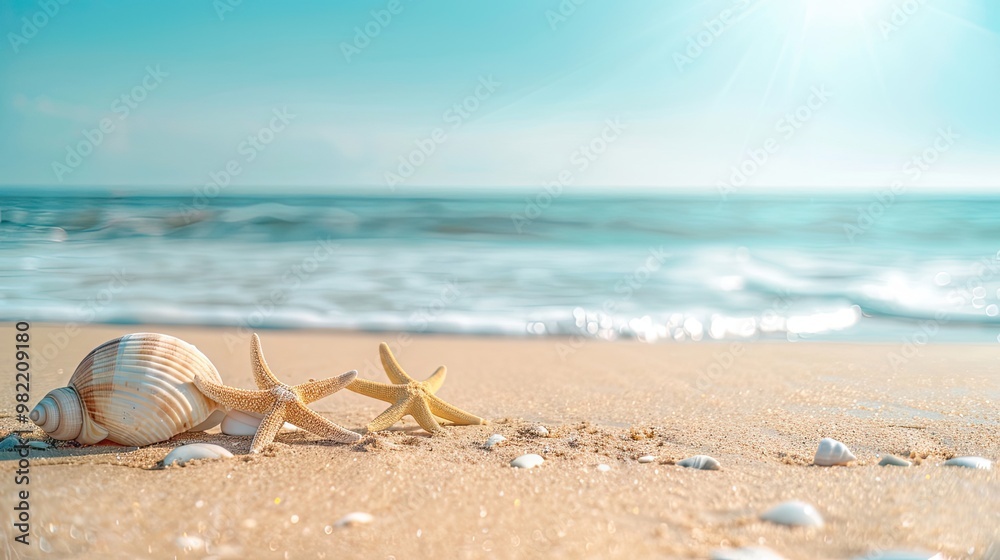 Minimalist card backdrop with smooth sandy beach pale blue sky and seashell Minimalist card backdrop with smooth sandy beach pale blue sky and seashell