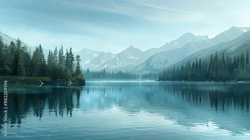 Serene mountain lake reflecting trees and sky with soft blue gradient hues above Serene mountain lake reflecting trees and sky with soft blue gradient hues above