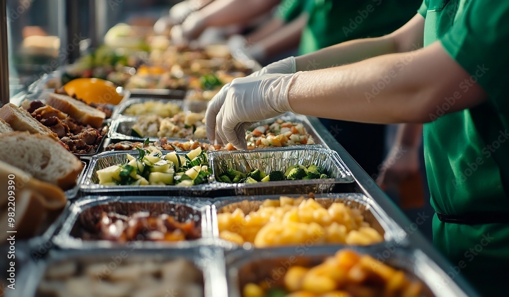 Obraz premium Catering Staff in Gloves Carefully Preparing and Serving Fresh Food in Buffet Line for a Large Event