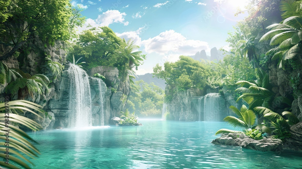 Tropical lagoon with towering cliffs crystal-clear water and cascading waterfalls