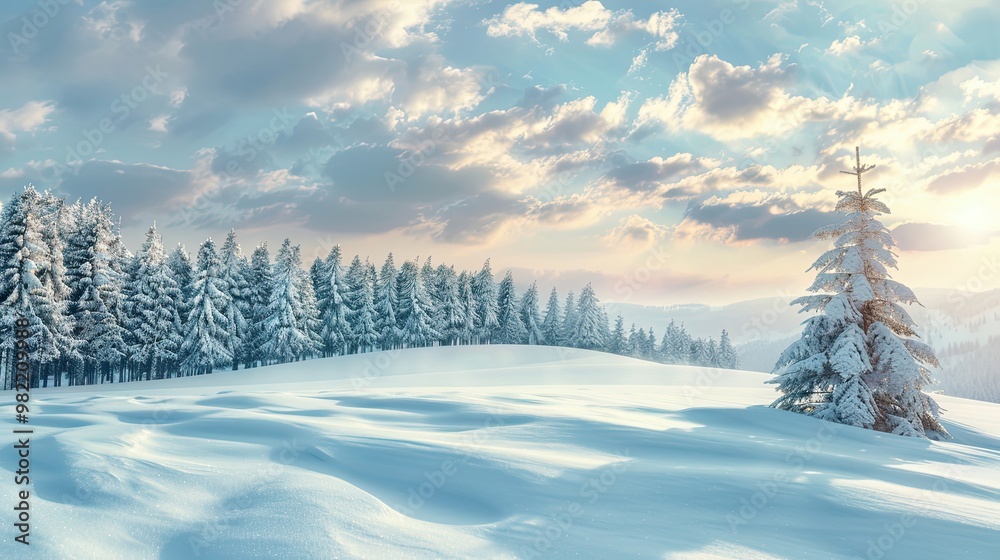Snow-covered hills and pine trees under pale sky with soft sunlight and long shadows Snow-covered hills and pine trees under pale sky with soft sunlight and long shadows