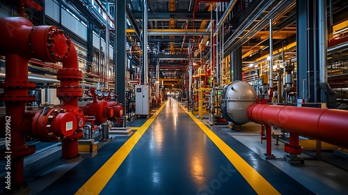 An industrial fire suppression system installed in a large factory, showing the network of pipes, valves, and nozzles running along the ceiling and walls. The image captures the complex setup