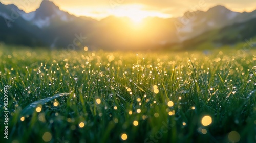 Dew-Covered Grass in Front of a Mountain Range at Sunrise