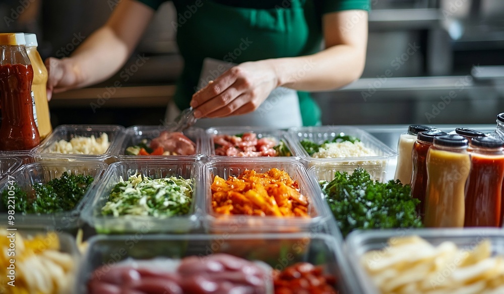 Catering Staff in Gloves Carefully Preparing and Serving Fresh Food in Buffet Line for a Large Event Catering Staff in Gloves Carefully Preparing and Serving Fresh Food in Buffet Line for a Large Event
