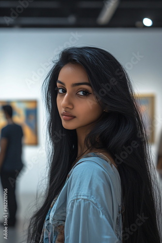 Indian woman standing in an art gallery looking at the camera with a thoughtful expression