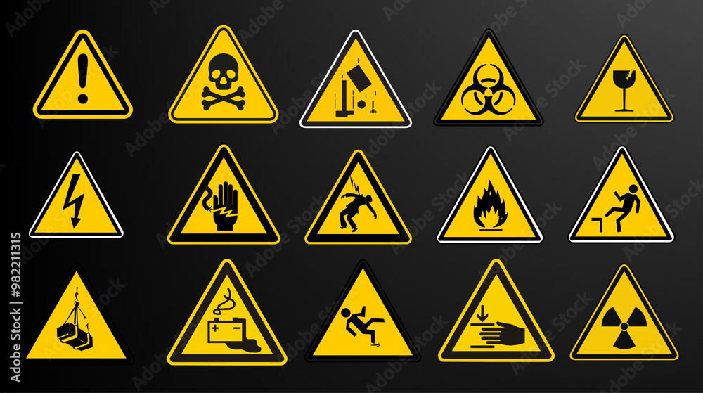 Yellow warning and danger signs collection isolated on a black background

