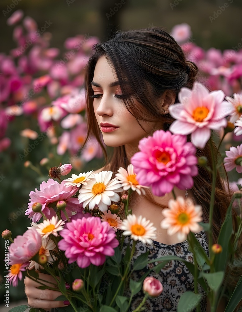 Model pretty women young female smile background nature hair pink spring face flowers Model pretty women young female smile background nature hair pink spring face flowers