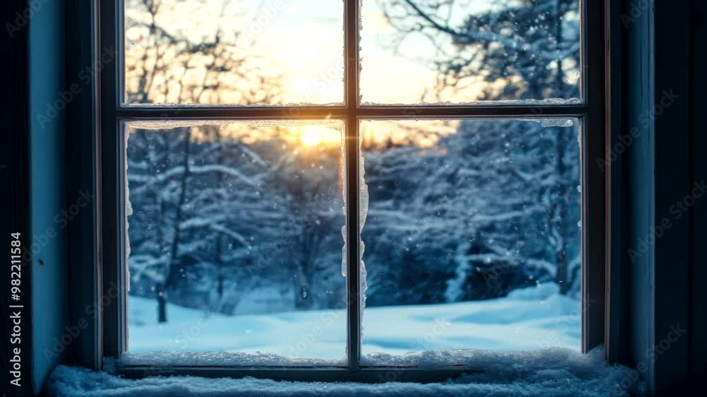 Frosty winter scene through window with sunrise casting soft light on snowy trees. Seamless looping time-lapse video background