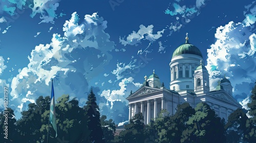 Fictional Helsinki Cathedral glowing under a blue sky with white clouds and green