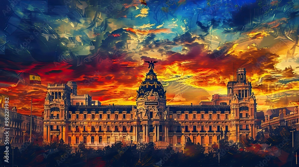 Obraz premium Imaginary Royal Palace of Madrid under a red and yellow sunset with blue sky