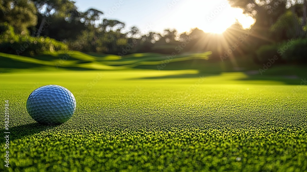 Golf Ball on Green Grass with Sun Glare in the Background Golf Ball on Green Grass with Sun Glare in the Background
