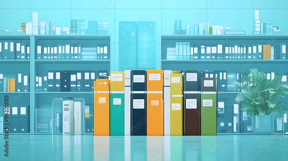 Fototapeta premium Colorful Office Files on Shelf with Turquoise Background