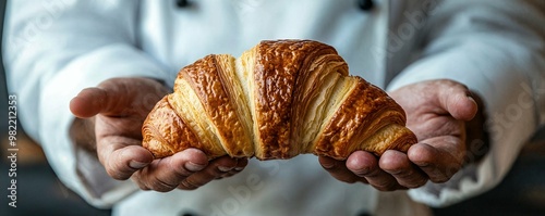 Male baker holding freshly baked croissant, black background with copy space photo