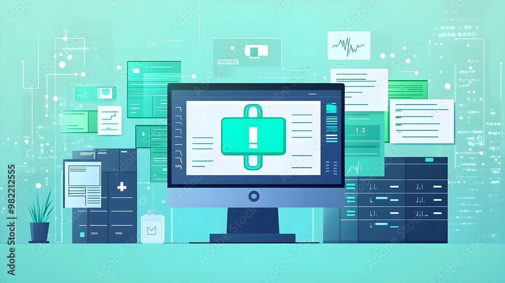 Computer Screen with Green Security Icon and Data Graphics Computer Screen with Green Security Icon and Data Graphics
