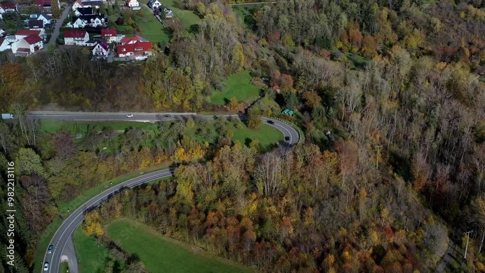 Aerial view of autumn trees on a sunny day in the Black Forest, Baar, Heuberg, Baden-Württemberg, Germany