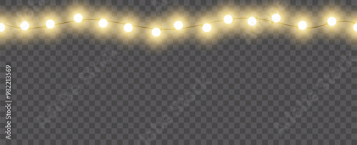 Christmas golden lights isolated on transparent background. For New Year and holiday decoration. Vector Christmas lights. Christmas garland. Christmas decoration, LED lamps. 