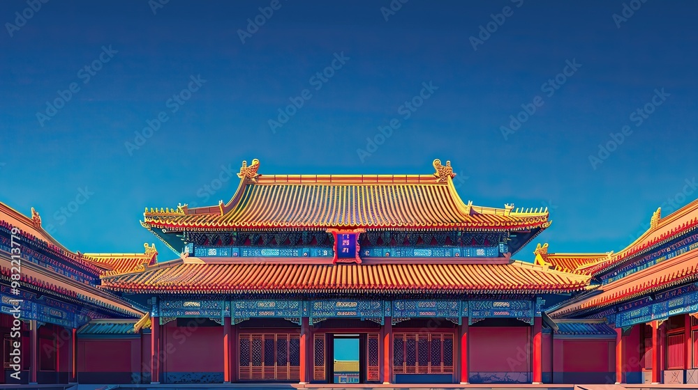Radiant non-real Hall of Supreme Harmony in Forbidden City with red and gold roofs under a blue sky