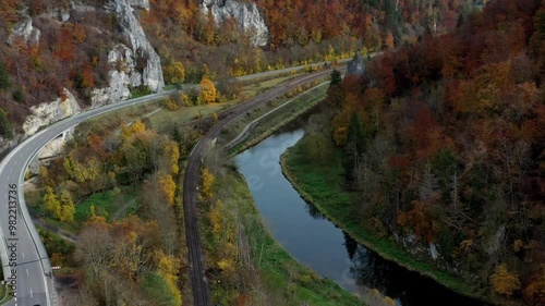 Aerial view of autumn trees on a sunny day in the Black Forest, Baar, Heuberg, Baden-Württemberg, Germany
