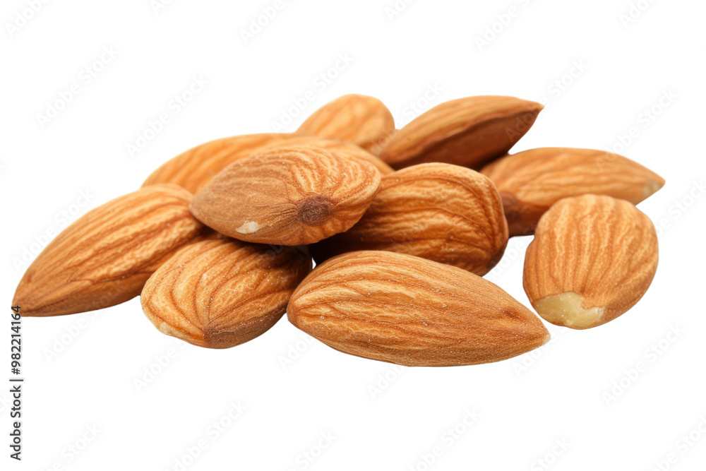 Roasted almonds on a wooden cutting board on a white background