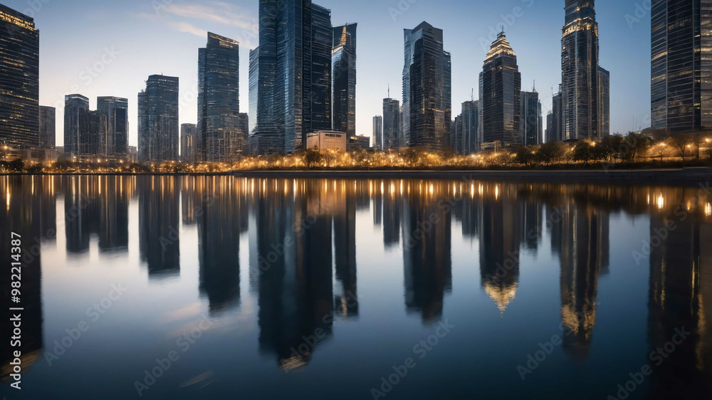 Modern skyscrapers reflecting in water background Modern skyscrapers reflecting in water background