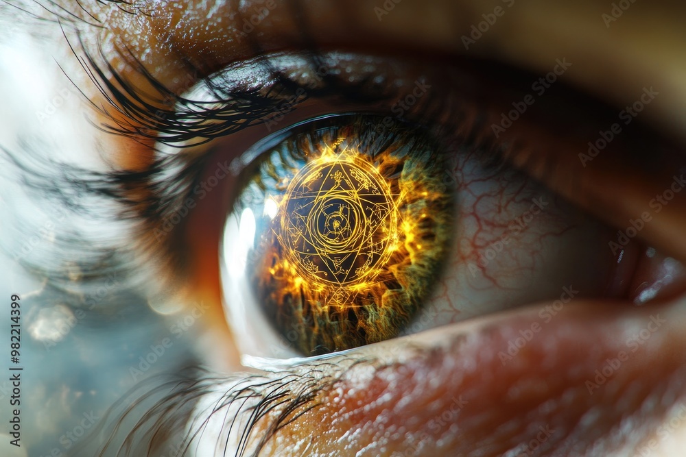 A close - up of an eye with a complex esoteric symbol in place of the pupil A close - up of an eye with a complex esoteric symbol in place of the pupil