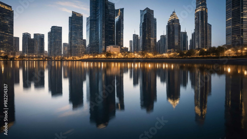 Modern skyscrapers reflecting in water background