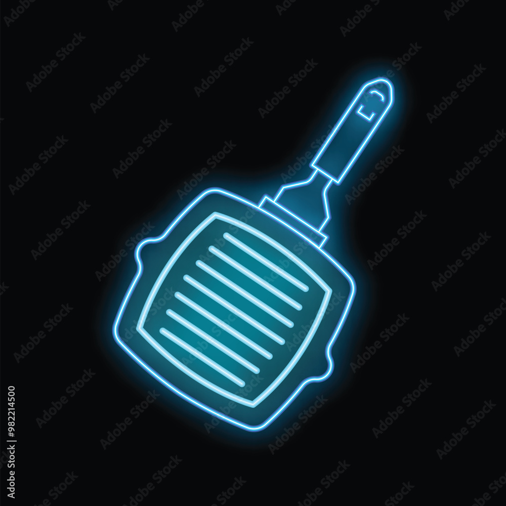 Blue neon sign of a grill pan glowing on a black background Blue neon sign of a grill pan glowing on a black background
