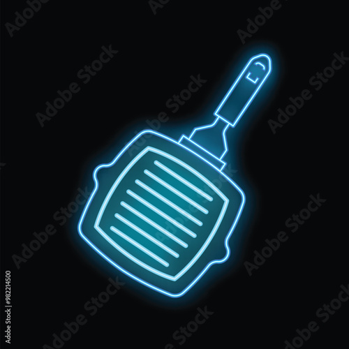 Blue neon sign of a grill pan glowing on a black background