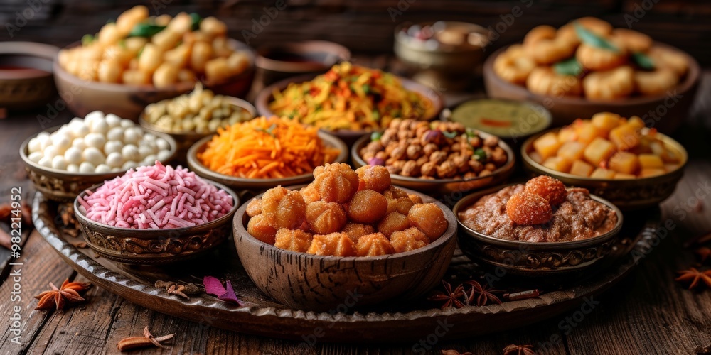 A selection of Indian sweets and snacks in traditional bowls, showcasing a variety of colors and textures, ideal for food, festivals, or culinary content. A selection of Indian sweets and snacks in traditional bowls, showcasing a variety of colors and textures, ideal for food, festivals, or culinary content.