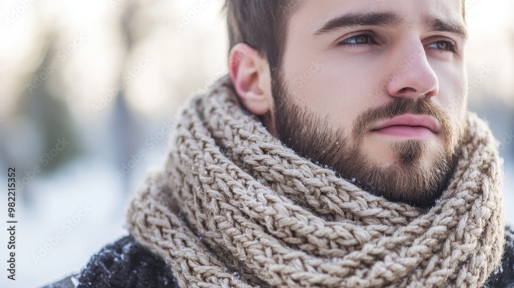 Cozy Winter Stroll - Stylish Man in Knitted Scarf Enjoying a Seasonal Walk in the Snowy Landscape Cozy Winter Stroll - Stylish Man in Knitted Scarf Enjoying a Seasonal Walk in the Snowy Landscape