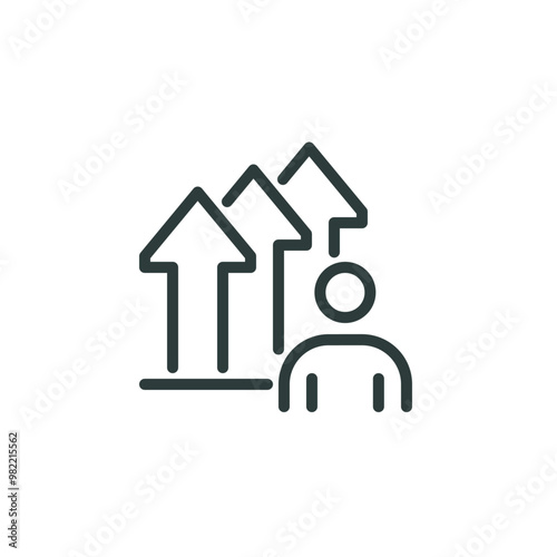 Professional growth, human efficiency, personal top, grow skill outline icon. Line sign person and graph of arrows up. Vector isolated pictograms for web and app on white background editable stroke.