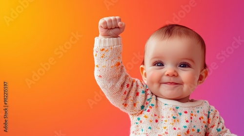 Adorable baby with a raised fist, smiling against a colorful gradient background. Perfect for joy, innocence, and childhood concepts.