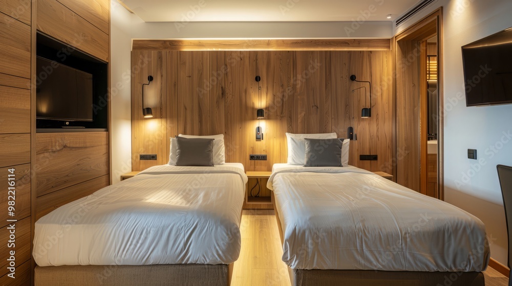Fototapeta premium Interior photography, modern hotel room, with twin beds, in modern style