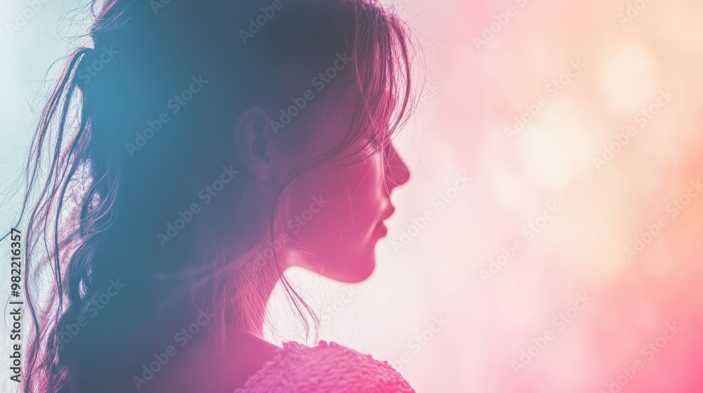 Silhouette of a woman with colorful lighting, capturing a dreamy and soft focus effect, creating an artistic and ethereal atmosphere. Silhouette of a woman with colorful lighting, capturing a dreamy and soft focus effect, creating an artistic and ethereal atmosphere.