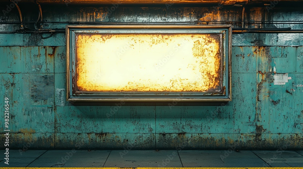 Naklejka premium Rusted Billboard with Glowing Light in a Subway Tunnel