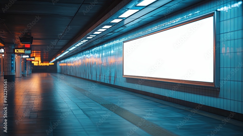 Illuminated Subway Underpass with Blank Advertisement Sign