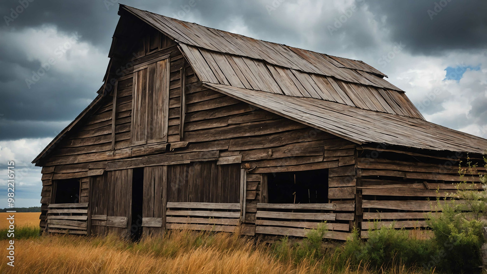 Old wooden barn under cloudy sky background Old wooden barn under cloudy sky background