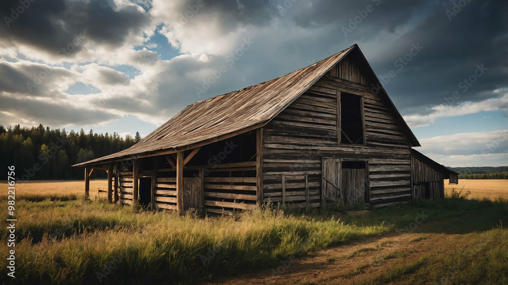 Old wooden barn under cloudy sky background Old wooden barn under cloudy sky background