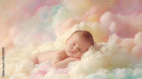 Adorable sleeping baby surrounded by fluffy, colorful clouds, creating a dreamy, peaceful atmosphere. Perfect for baby-themed projects and design.