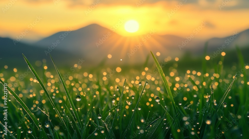 Naklejka premium Dewdrops on Blades of Grass with Sun Rising in the Distance