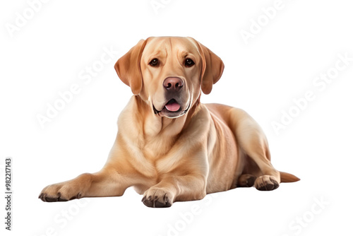 Popular breed of dog, Labrador, lies on a white background. Show a cute, playful, and cheerful demeanor