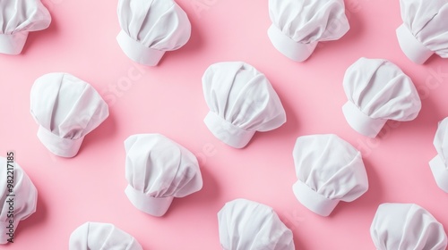 A collection of stylish white chef hats placed on a pastel pink background, symbolizing fine dining and culinary precision.