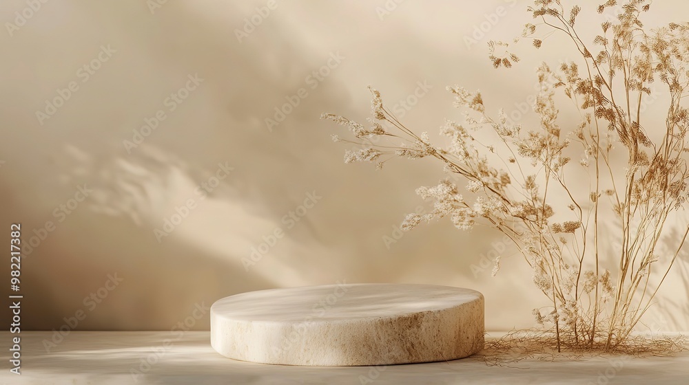Abstract nature scene Stone podium composition and dry flower on beige brown background for cosmetic, beauty product branding, perfume, skin care and cosmetic backdrop. Copy space, front view Abstract nature scene Stone podium composition and dry flower on beige brown background for cosmetic, beauty product branding, perfume, skin care and cosmetic backdrop. Copy space, front view