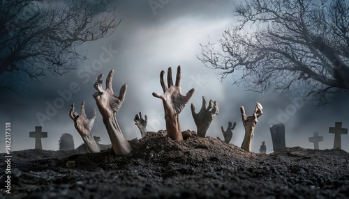 zombie hand in the night. zombie hand in the sky. Zombie Hands Emerging from the Ground. A chilling image of several decayed, zombie hands. halloween background. halloween wallpaper 2k, 4k 8k. 