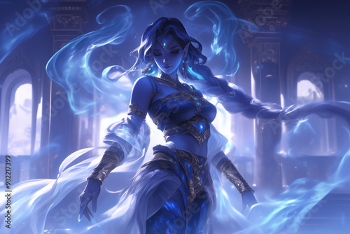 graceful female djinn controlling magical energy in a grand palace with flowing wisps of mystical light