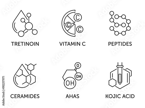 Peptides, Vitamin C, Tretinon, Kojic acid, AHAS and Ceramides - icons in thin line