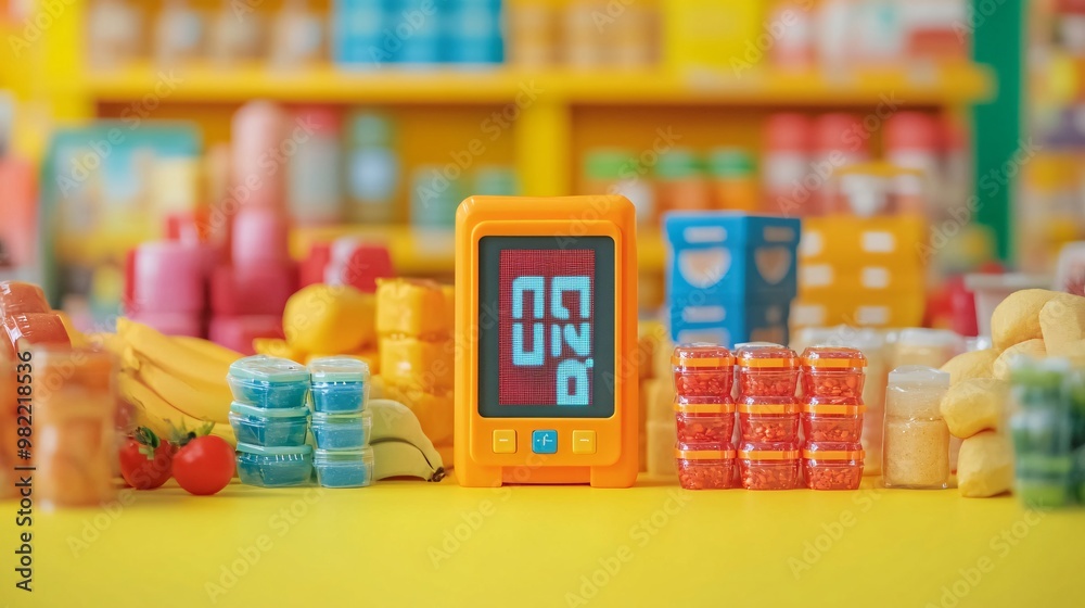 A digital timer counting down the remaining time for a flash sale, with various items on display and their original prices crossed out, showing new discounted prices in bold. Large space for text in A digital timer counting down the remaining time for a flash sale, with various items on display and their original prices crossed out, showing new discounted prices in bold. Large space for text in