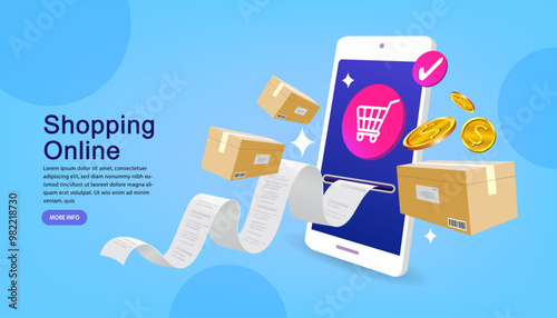 shopping cart come out of smartphone with receipt or invoice after customer confirm order