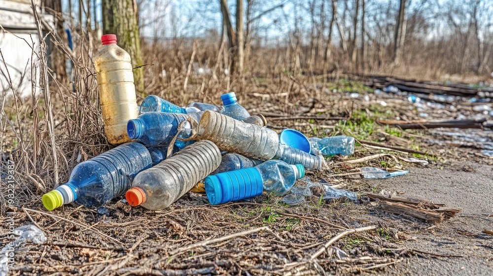 Fototapeta premium Pile of Discarded Plastic Bottles Representing Environmental Pollution