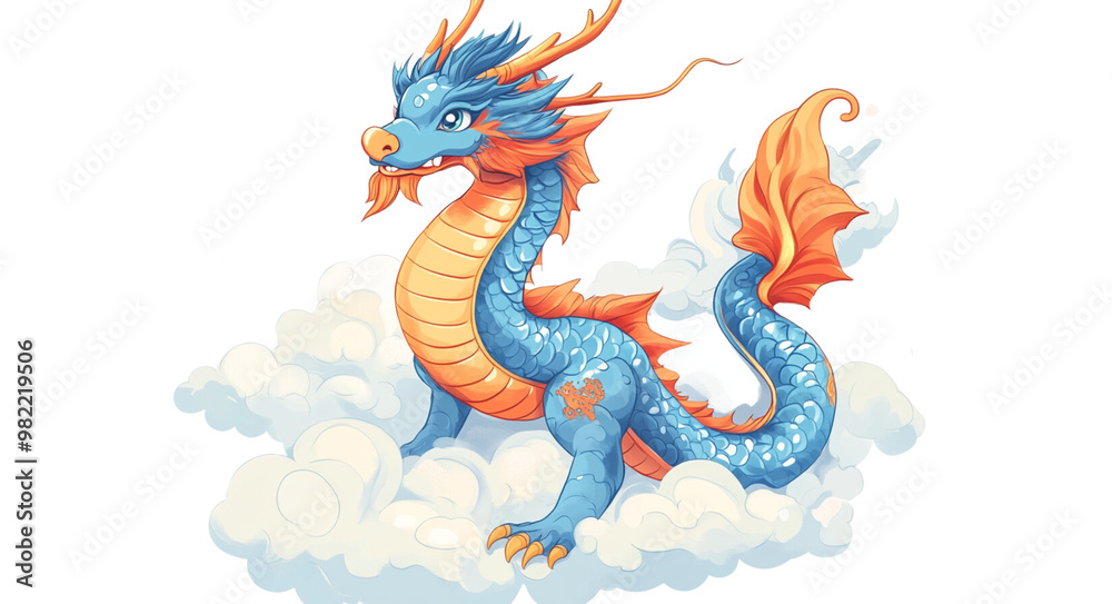 Fototapeta premium Colorful cartoon illustration of a Chinese dragon in turquoise pattern